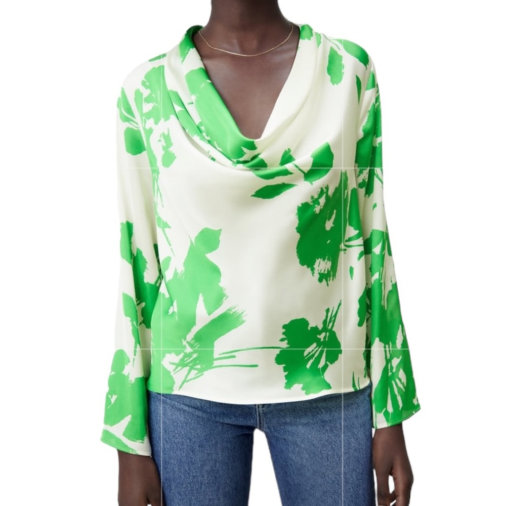 Zara Green & Off White Satin Printed Flowy Cowl Neckline Top - S